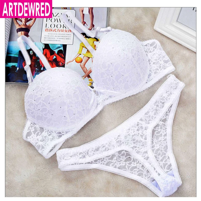 

[Hot sales] New 2019 Lace Drill Bra Set Women Plus Size Push Up Underwear Set Bra And Thong Set 34 36 38 40 ABC Cup For Female