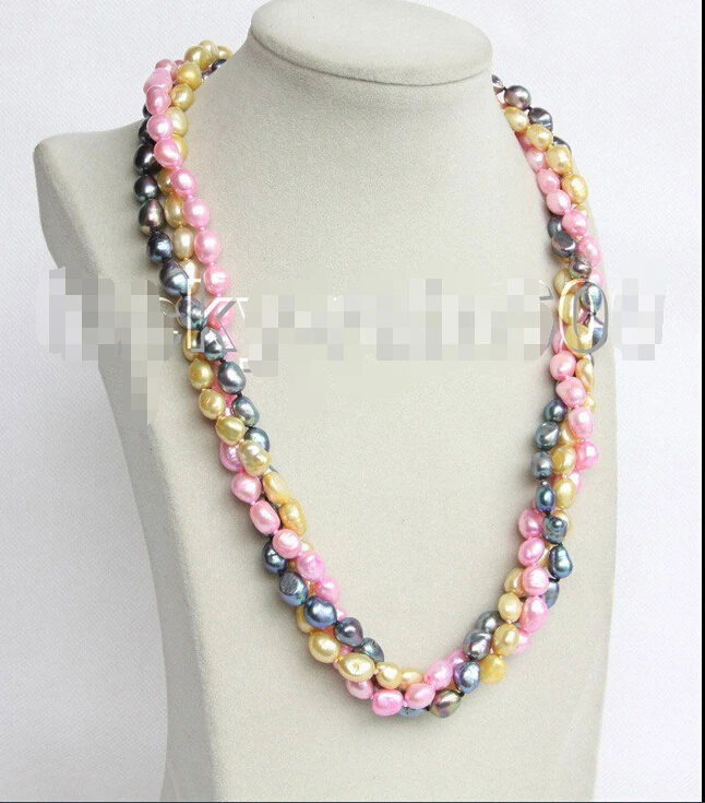 

FREE shipping>>>>>>23" 3row baroque champagne pink black freshwater pearls necklace E9536