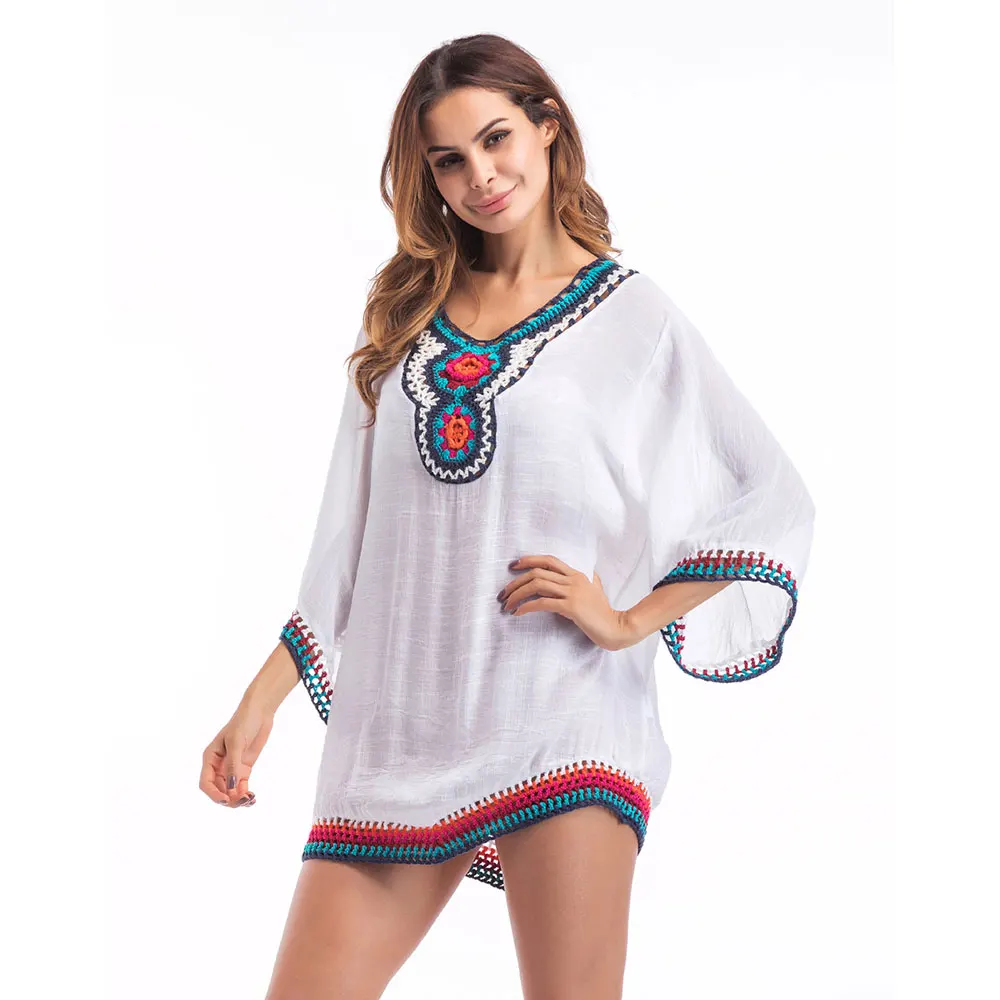 Women Femme Feminina Tee Shirt 2018 Summer Women Bohemian T-shirt Embroidery Bead Long Sleeve Casual Loose Top Long Boho T Shirt Tops