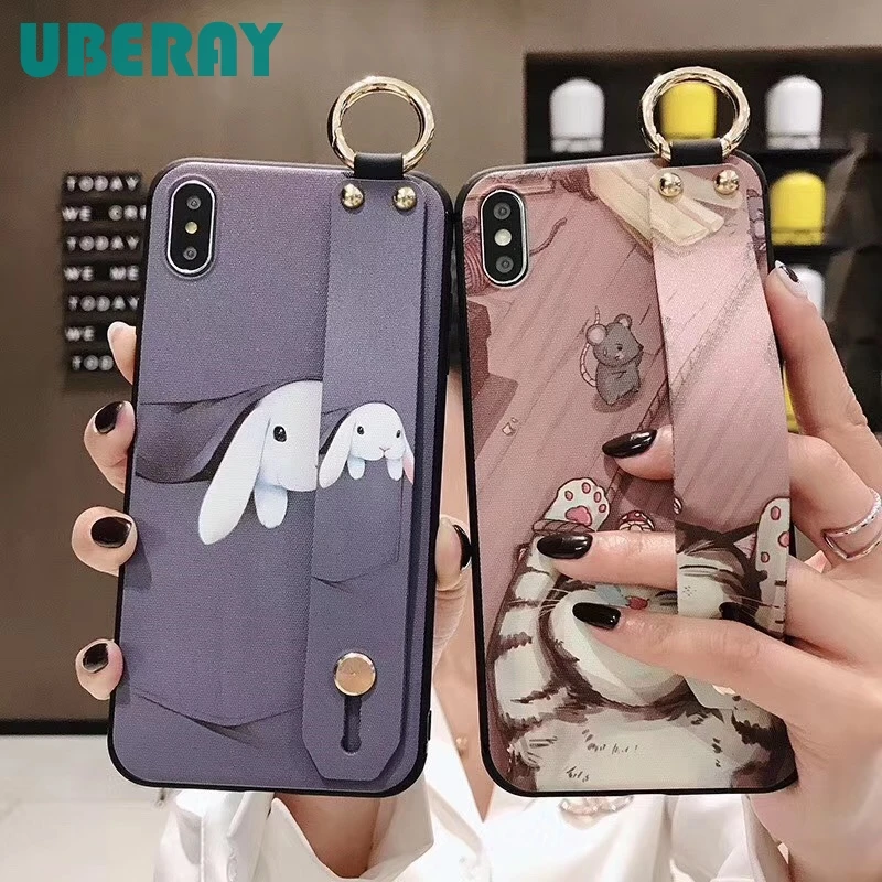 

Wrist Strap Soft TPU Phone Case For Samsung Galaxy S10 Lite S10e S8 S9 Plus Note 8 9 Cases Cat Rabbit Bunny Ring Holder Cover