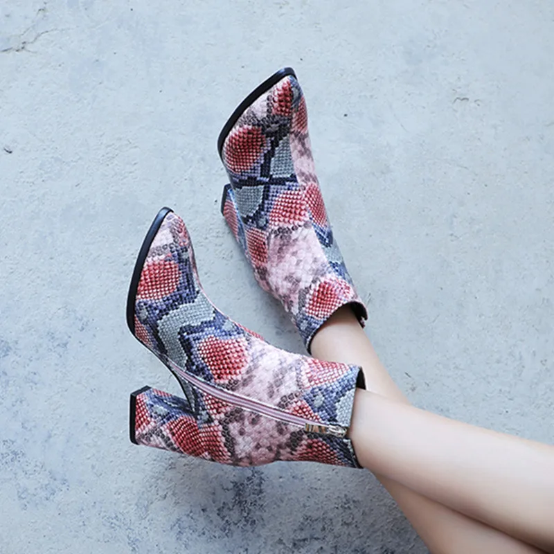 

Colorful Snake Skin Boots Women High Heels Thick Boot Pointed Toe Zip Shoes Female Party Chelsea Boots Ladies Autumn Winter 2019