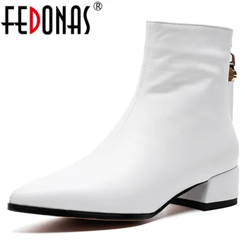

FEDONAS Chelsea Boots 2020 Women Pointed Toe Square Heels Ankle Boots New Genuine Leather Elegant Winter Boots Party Shoes Woman