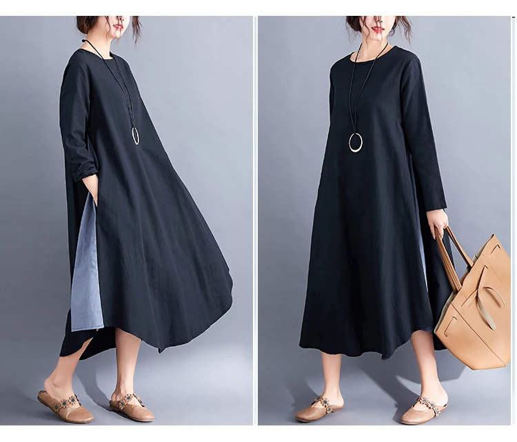Dress Women Plus Size Patchwork Black Vintage Maxi Dress Long Sleeve 2019 Elegant O-neck Cotton Linen Dress Woman Robe Femme 2