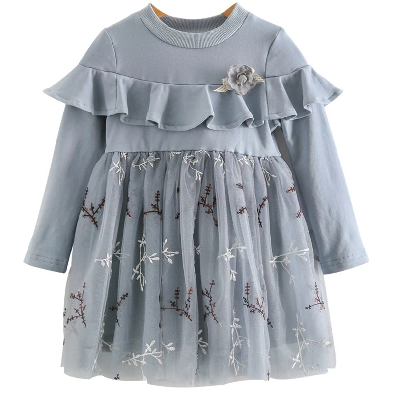 

2-6Y Girls Long Sleeve Lace Dresses Baby Girl Autumn Winter Flowers Embroidered Princess Dress Party Costumes Children Clothing