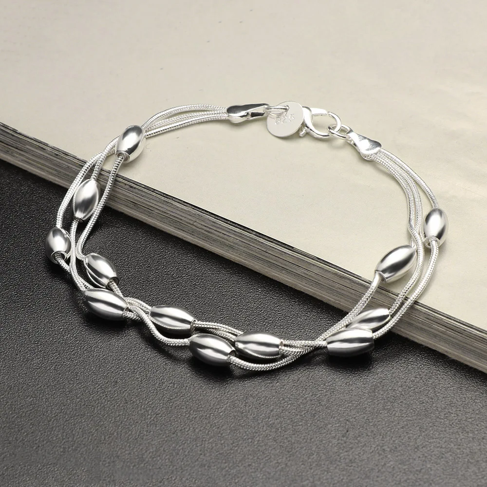 

2019 New 1Pcs Women Fashion Three Lines Light Olive Beads Bracelets Charming Silver Plated Chain Women Jewelry For Lady Gift