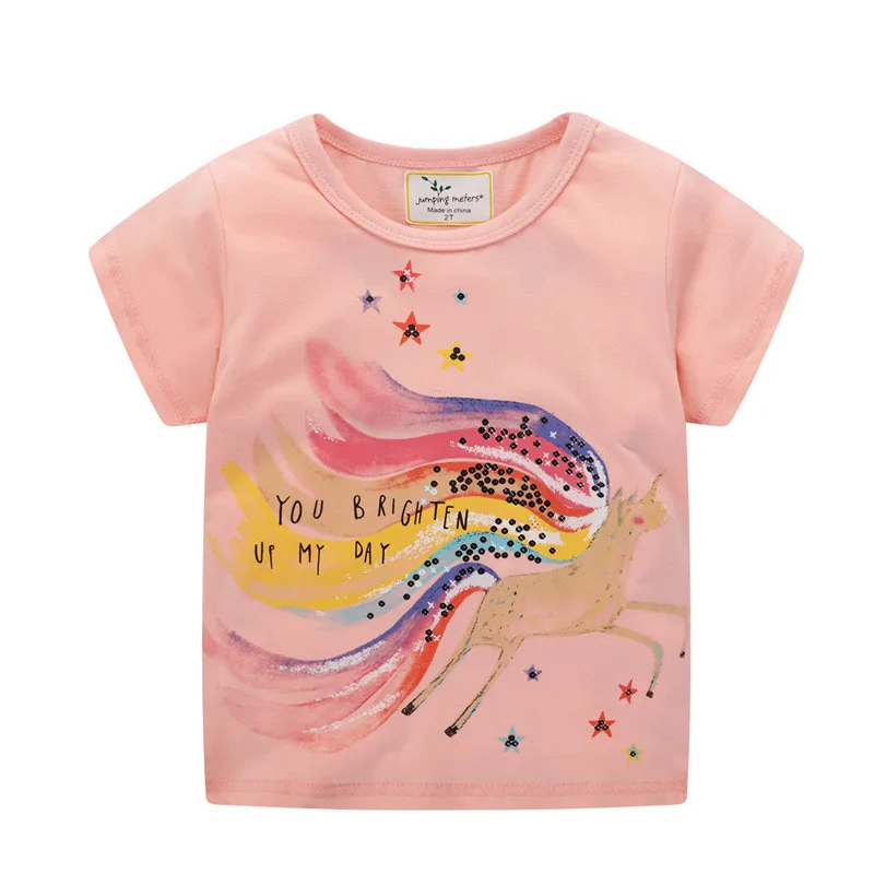 Jumping meter/футболки для девочек; топы с русалочкой; летняя одежда для малышей; хлопковые трикотажные Детские футболки; модные рубашки для девочек; одежда для детей - Цвет: T6436  Pink