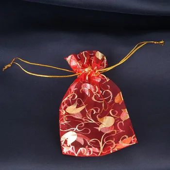

100pcs/lot Customize Jewelry Packaging Bags & Pouches Organza Mesh Wedding Gift Bags Print Flower Drawstring Bags 10*12cm 120192