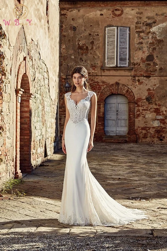 

2019 Wedding Dress White Sexy Mermaid Lace Sweep Train Appliques Lace Tulle Backless Buttons Elastic Woven Satin Bridal Gown