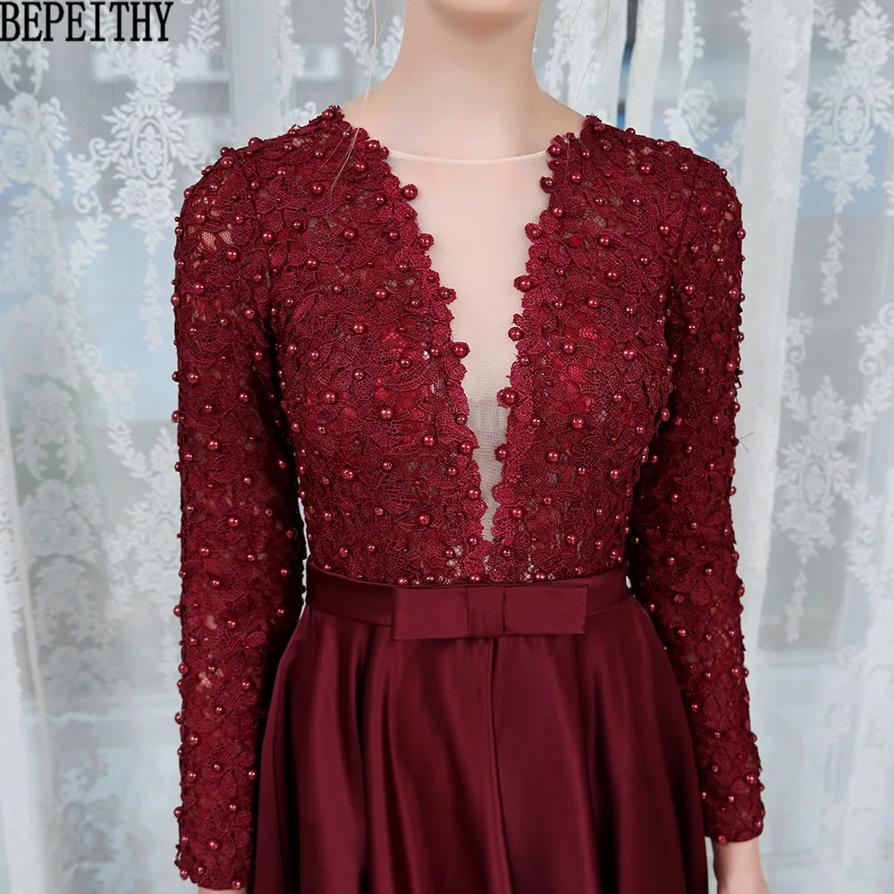 BEPEITHY Robe De Soiree аппликации кружева с длинным рукавом платье для выпускного вечера Бургундия Атласное Вечернее платье vestido de festa Longo