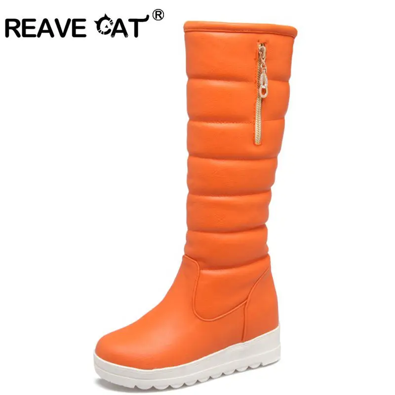 REAVE CAT/Большие размеры 34-42, Зимняя Теплая обувь на меху женские пикантные зимние сапоги до колена водонепроницаемая обувь на танкетке теплая обувь, A178