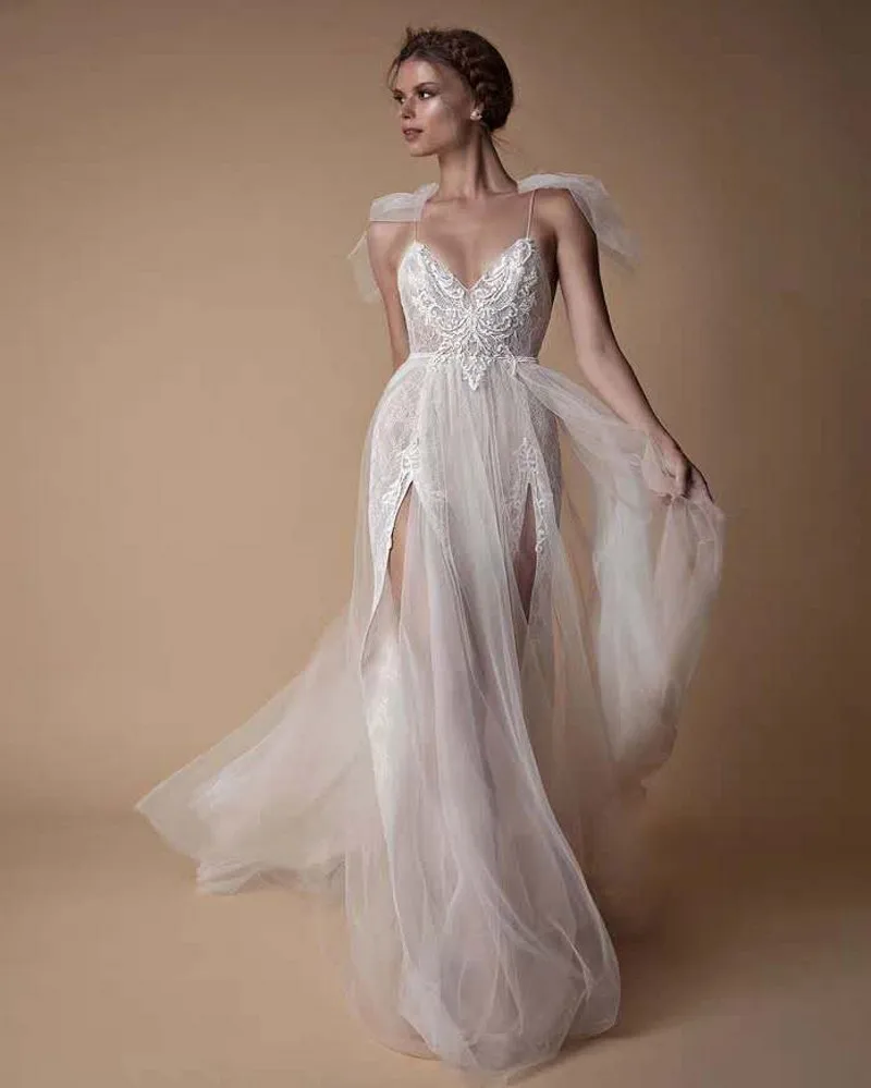 

Vestido De Noiva 2019 Sexy See Through Lace Boho Beach Wedding Dress Backless Bow Tulle Front Split Lace Bridal Gowns