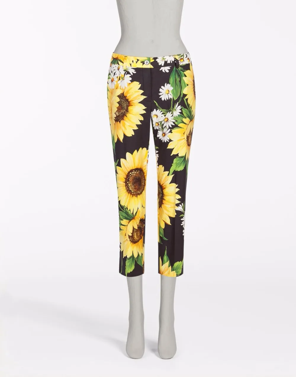 vintage yellow sunflowers print pants calf length trousers pantalon