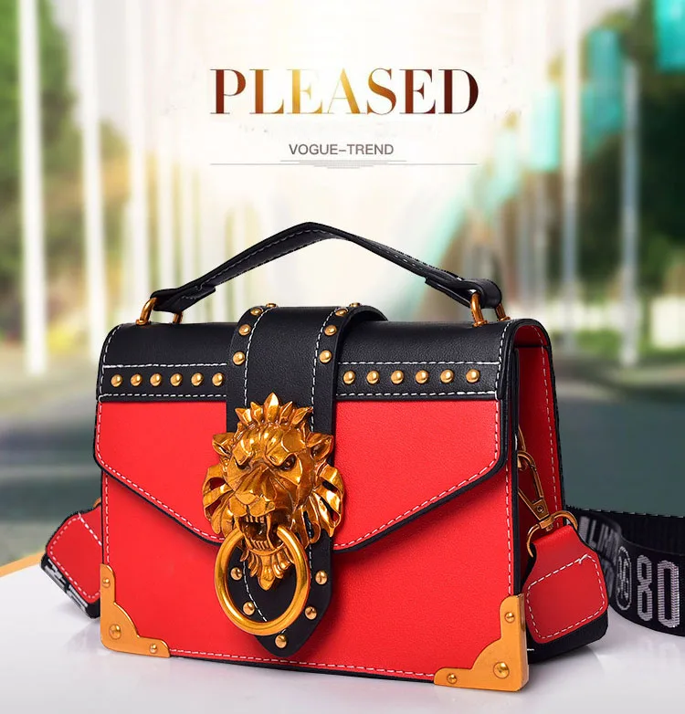 2018 Female Brand PU leather messenger bag for women Luxury Rivet Handbag Girls CrossBody Shoulder Satchels With Metal Lion Lock (2)