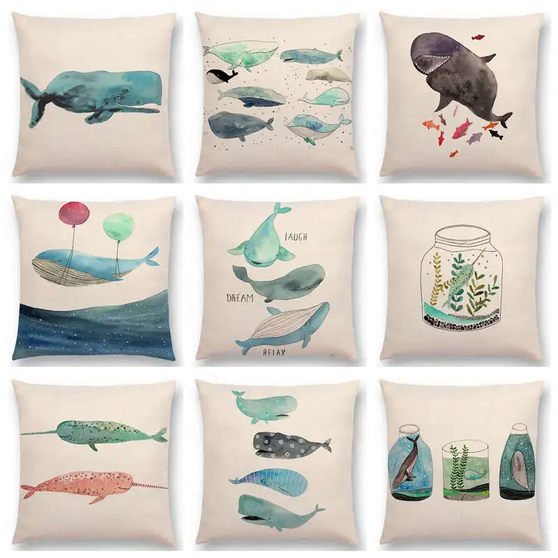 

Fresh And Lovely Watercolor Whales Free Sea Friends Happy Days Prints Marine organism Cushion Cover Decor Sofa Throw Pillow Case