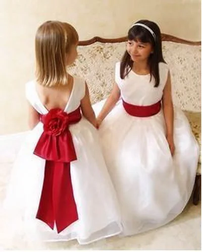 Ternos Masculino Casamento Новый Белый Цветок Девочки Платья Партии Вечерние платья Красный Цветок Пояса Платье Принцессы Бесплатная Доставка