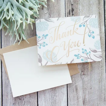 

12set gold Word theme light blue flower thank you Card message cards greeting card wedding Party Invitation with envelope