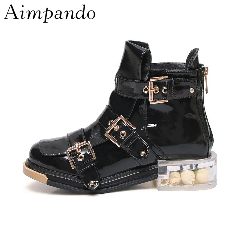 

New Spring Autumn Studded Buckle Ankle Boots Transparent Heel Patent Leather Back Zip Martin Boots Fashion Short Boots Women