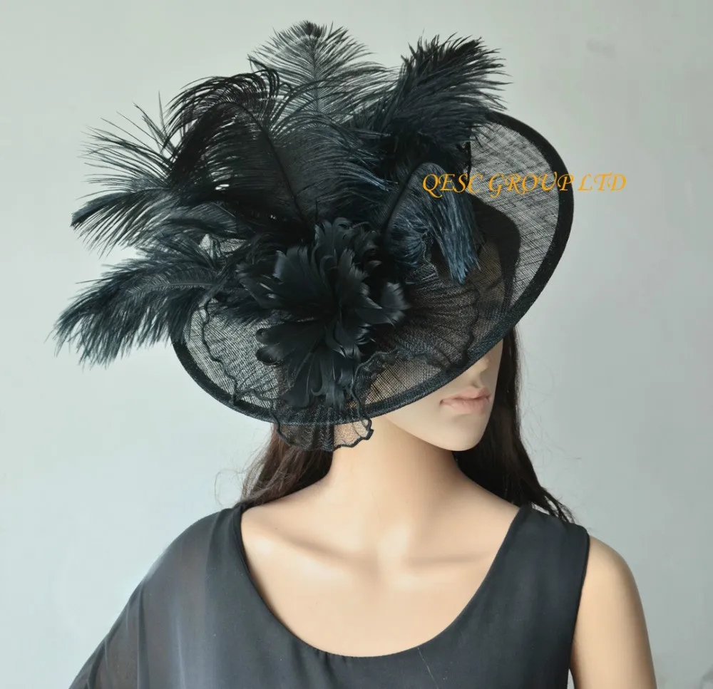 

NEW Black BIG sinamay hat Saucer fascinator crin fascinator with long ostrich feathers for races,wedding,kentucky derby,church.