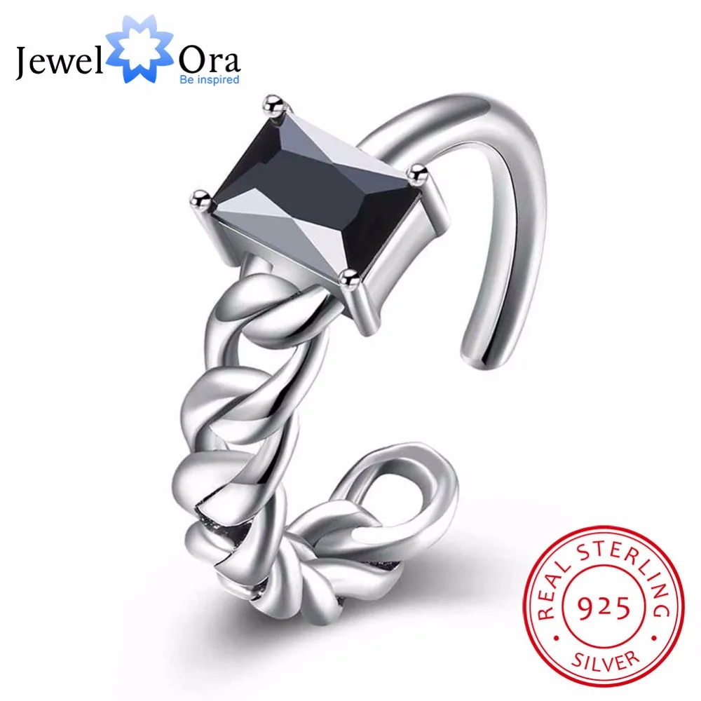 Solid 925 Sterling Silver Adjustable Ring Braided Rope Shape Black Zircon Fashion OL Jewelry Rings For Women (JewelOra RI102614)