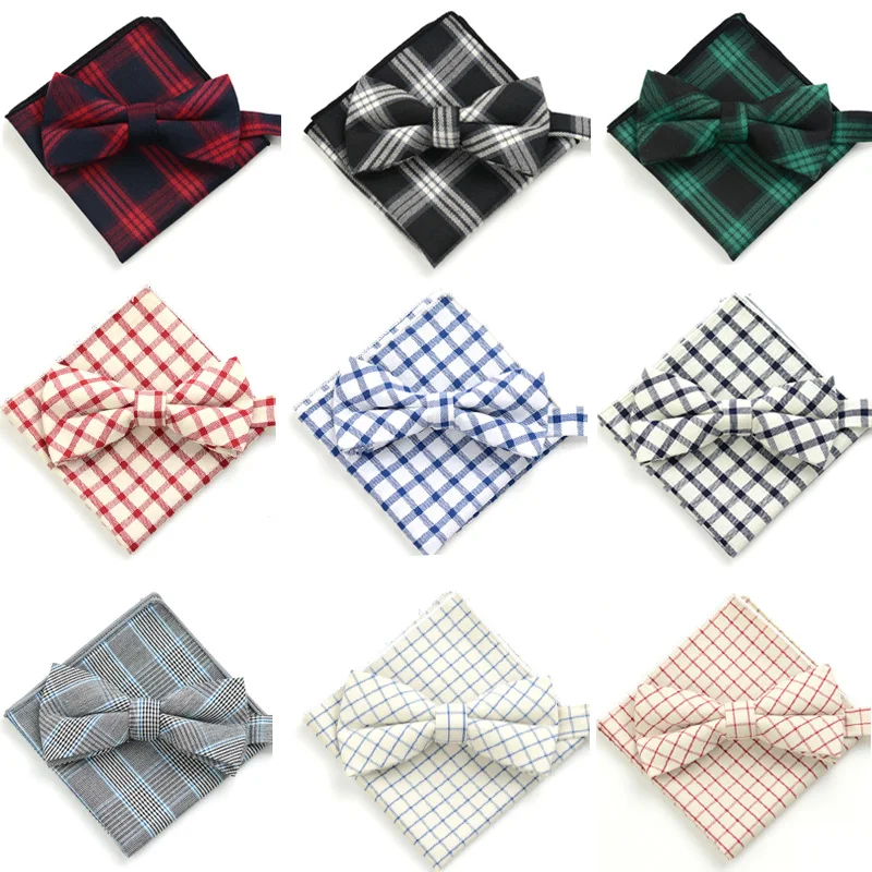 Men Fashion Cotton font b Tartan b font Checks Grids Pre tied Bow Tie Pocket Square