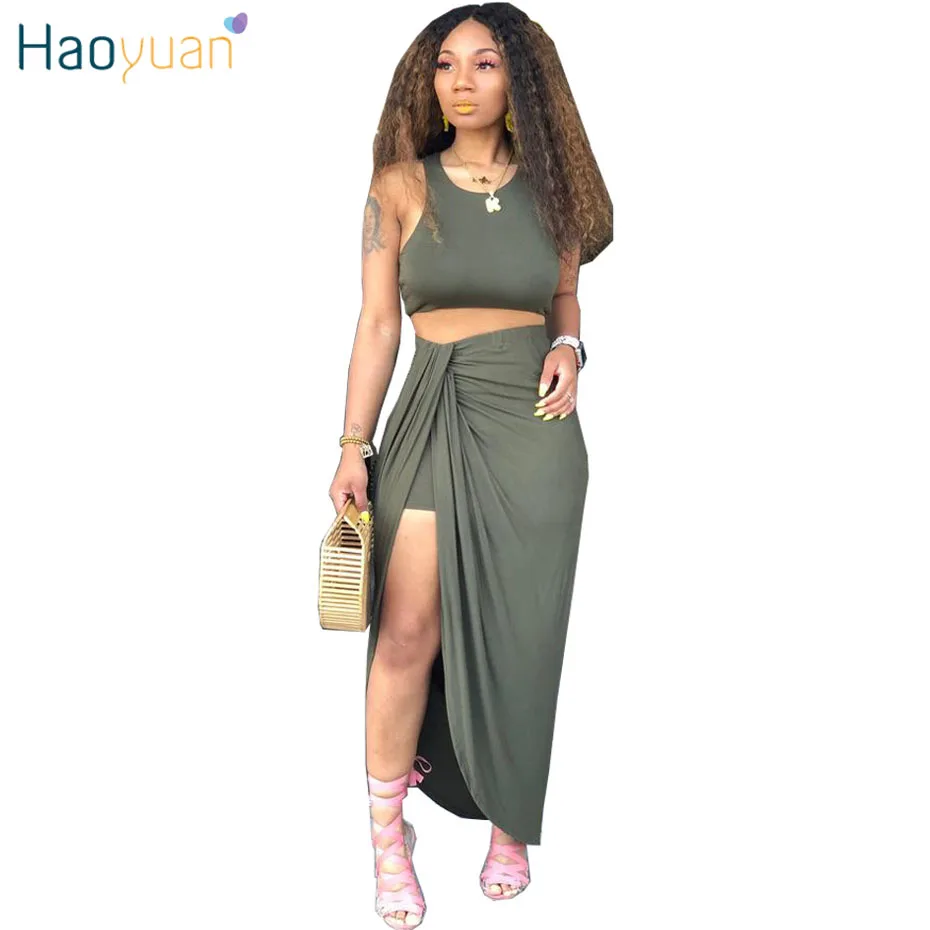 HAOYUAN/сексуальная юбка из двух частей, комплект клубной одежды, укороченный топ и драпированная юбка-макси, комплекты одинаковой одежды, летняя одежда, Женский комплект 2 шт - Цвет: Зеленый