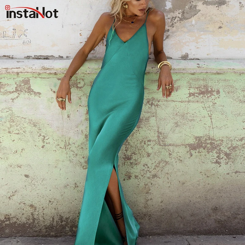 

InstaHot Green Satin Dress Deep V Neck Summer Women Backless Spaghetti Beachwear Side Split Long Dress 2019 Smooth Sexy Holiday