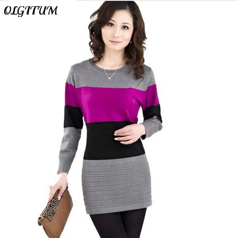 Achat 2019 nouveau printemps longs pulls femmes pull robe haute qualité cachemire pull femmes pas cher hiver vêtements rayure hauts 8 couleurs