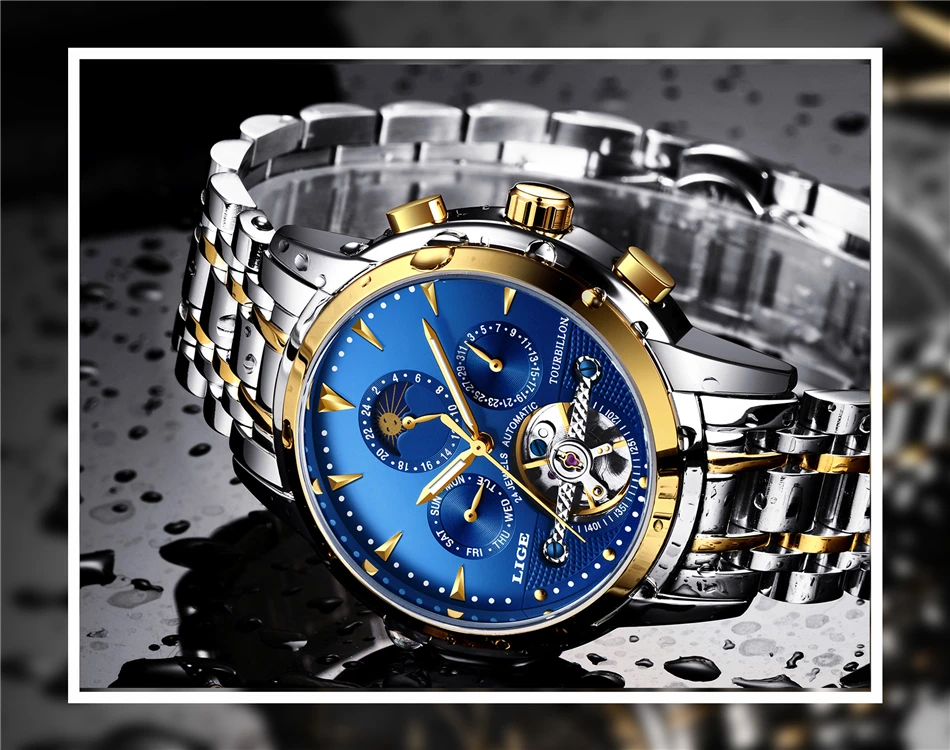 Новинка LIGE мужские часы топ люксовые бренды Золотые механические часы мужские спортивные водонепроницаемые полностью стальные деловые часы Relogio Masculino