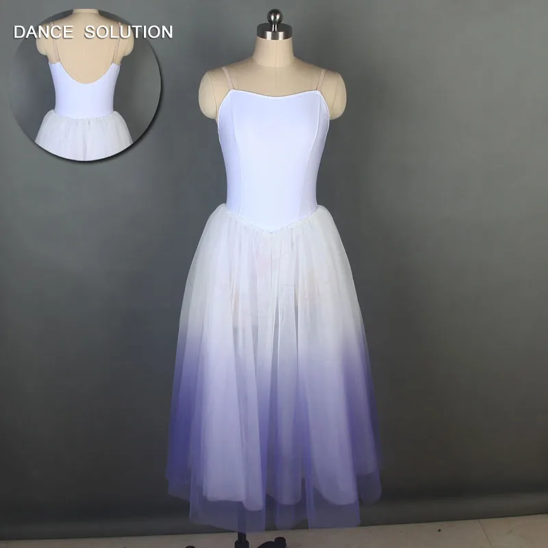 White spandex leotard bodice with long ombre purple tutu for girls and