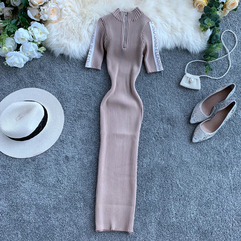 Женское трикотажное платье ALPHALMODA на молнии до середины икры с короткими рукавами