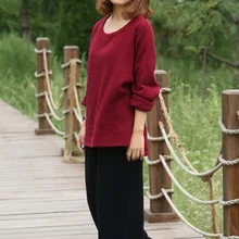 Осенние новые женские однотонные хлопковые льняные блузки с круглым вырезом, топы, Женская свободная футболка большого размера с асимметричным подолом