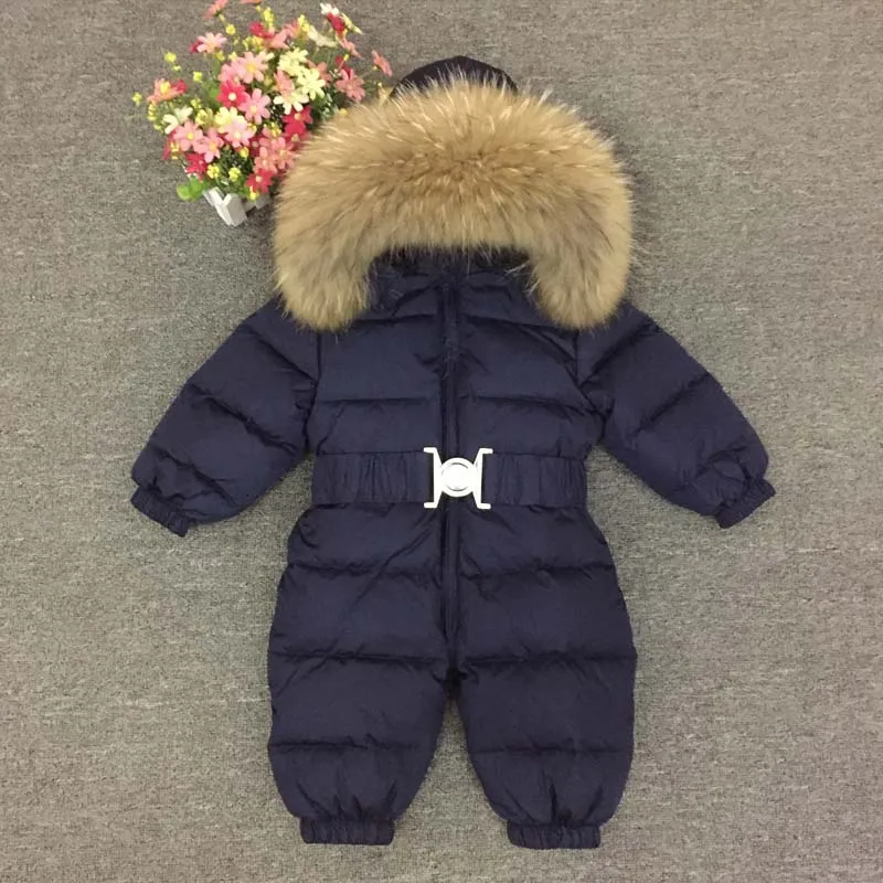 На температуру-30 градусов, детская зимняя куртка с натуральным мехом, толстый теплый детский Пуховый комбинезон белый пуховик на утином пуху для маленьких мальчиков комбинезон для младенцев, для девочек, пальто, Z407 - Цвет: Navy