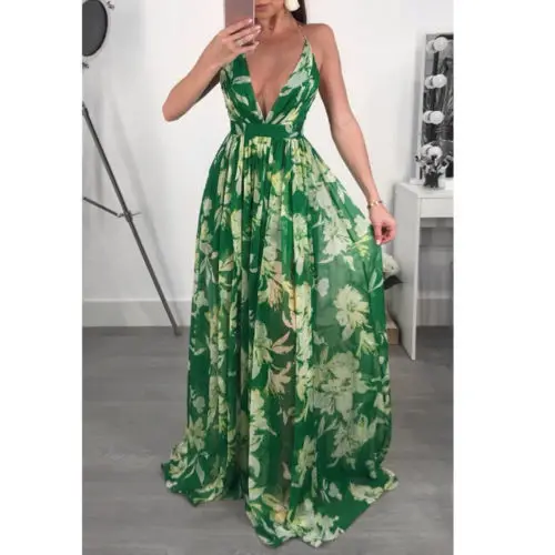 

Women Lady Female Summer Boho V Neck Chiffon Party Floral Beach Dresses High Waisted Long Maxi Dress Sundress