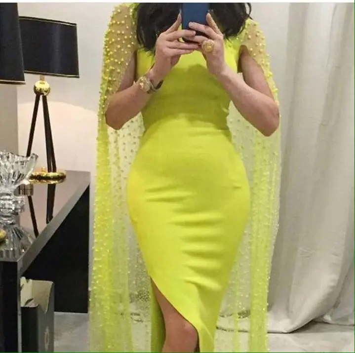 

2017 Luxury Pearls Beading Evening Dresses with Wrap Straight Jewel Neckline Sexy High Slits Vestidos De Festa Custom Made