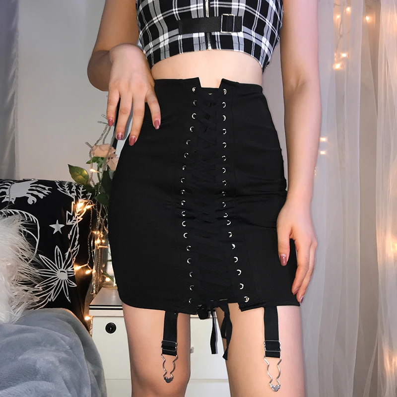 Черная юбка в стиле панк с перекрестной повязкой, уличная юбка с лентами, эластичная юбка с высокой талией, Женская винтажная юбка-карандаш