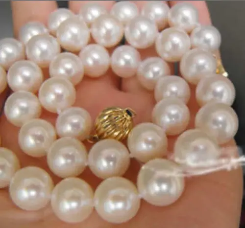 

AAA 9-10MM WHITE AKOYA ROUND PEARLS NECKLACE 18" 14k gold clasp18K GP style Fine jewe Noble Natural jade FREE SHIPPING