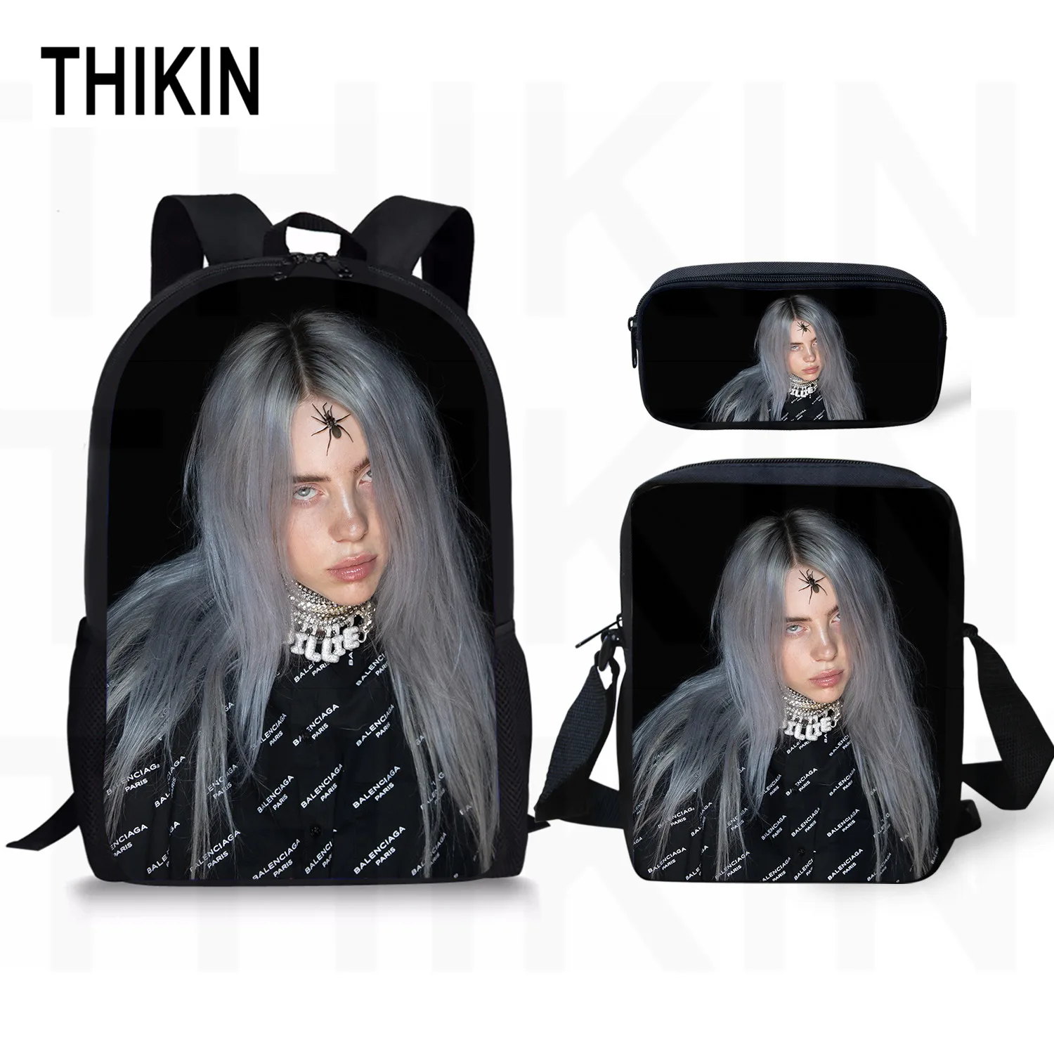 

THIKIN Cool Girls Billie Eilish Print Kids Boys Girls School Backpacks The Spider Girl Children Bookbags 3pcs/Set Custom Mochila