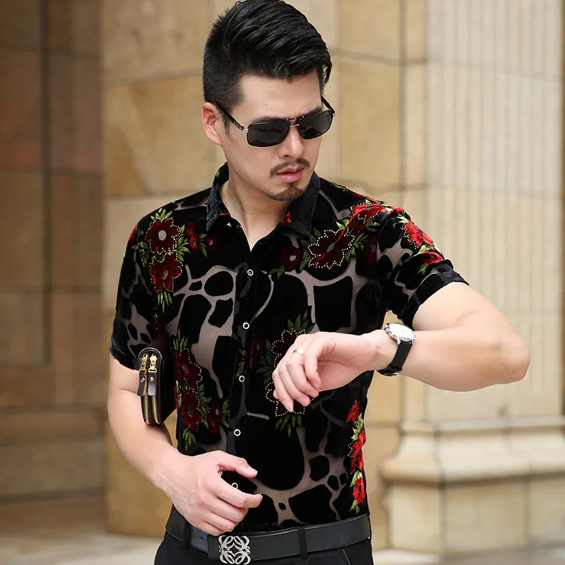 Men's Floral Shirt Summer See Through Clothes Male Sexy Transparent Clubwear Short Sleeve Streetwear Dress Shirts