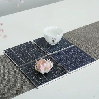 

DUNXDECO Table Placemat Coffee Cup Pad Coasters Ceramic Cork Coaster Mat Modern Nordic Black Geometric Art Desk Deco 4PCS Set