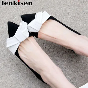 

Lenkisen mixed colors genuine leather stiletto high heels slip on women pumps pointed toe butterfly-knot decoration shoes L58