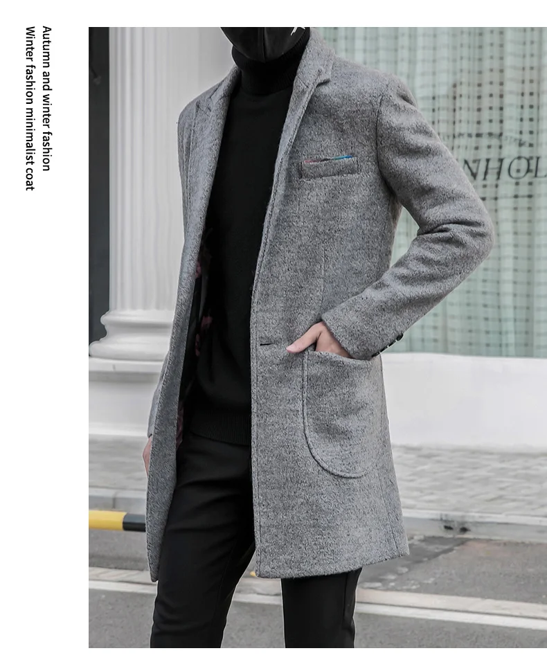 Шерстяное мужское пальто большого размера с длинным отложным воротником, однотонное повседневное Мужское пальто, универсальные корейские