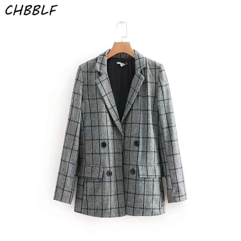 

CHBBLF women vintage plaid blazer pockets long sleeve notched collar coat female retro casual outerwear chic tops O8826