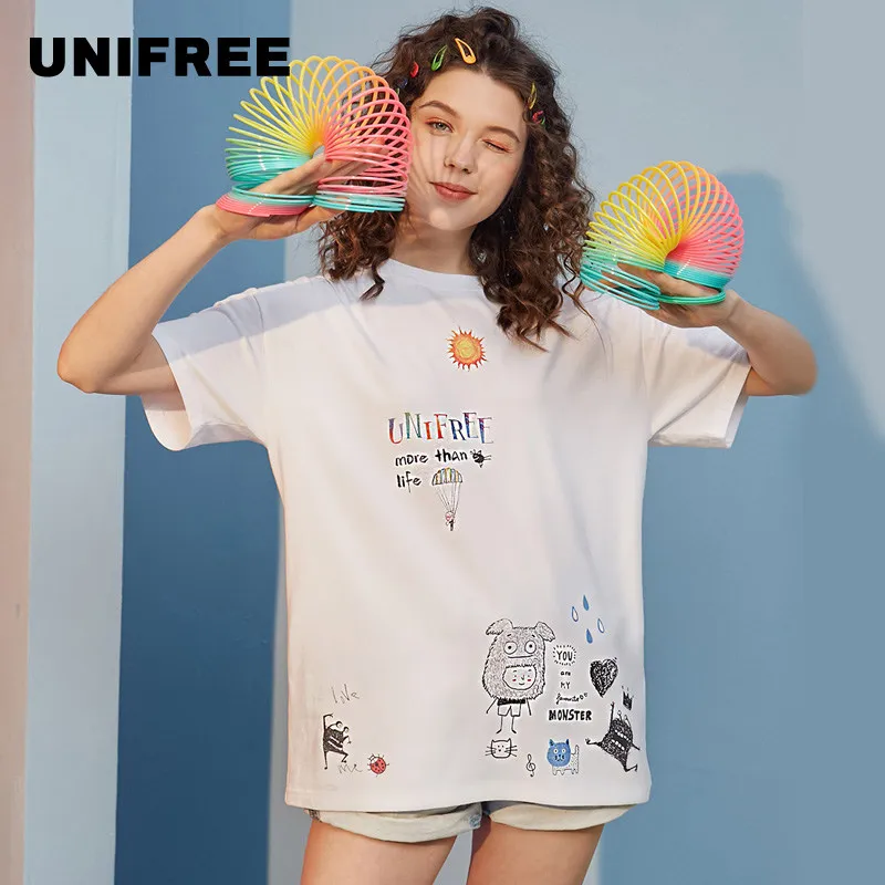 UNIFREE Новинка 2019 года летний белый топ с рисунком футболка узором в стиле граффити