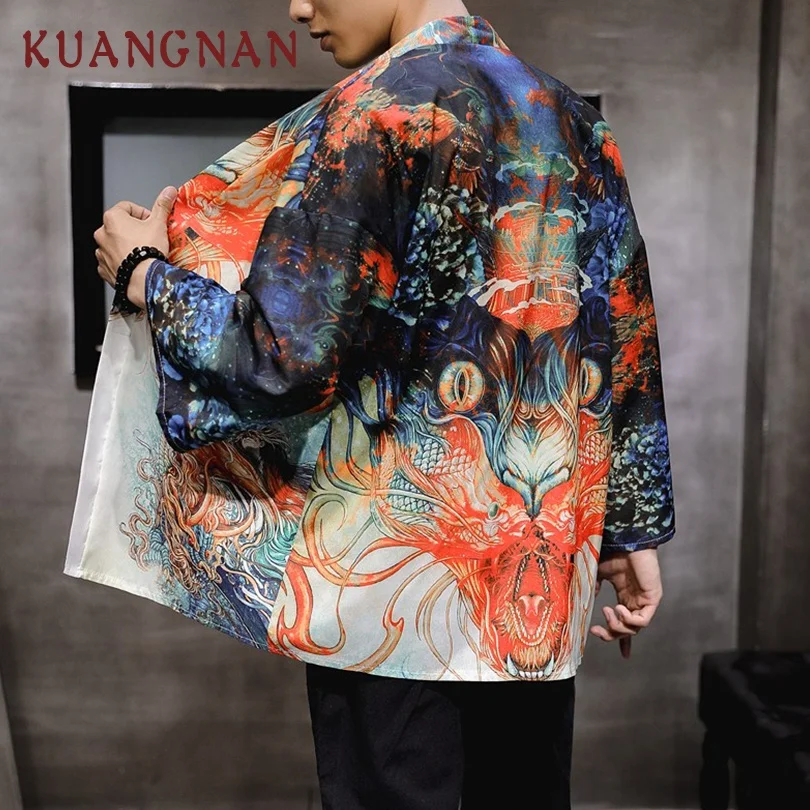 KUANGNAN Дракон кошка печати кимоно для мужчин японское кардиган Harajuku рубашка