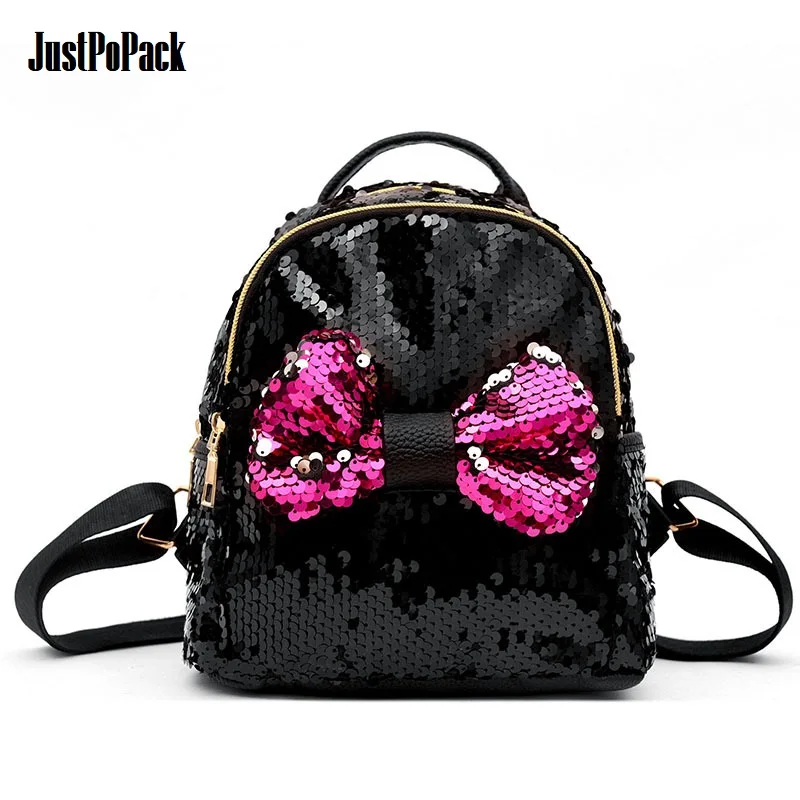 

New Bow Shiny sequin Small Backpack for Women Preppy style Glittering Satchel Cute Funny Traveling Rucksack Black Pink Brilliant