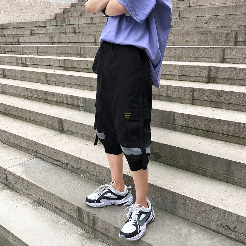 

Safari Style Calf-Length Pants Patchwork Men's Pants Multi-Pockets Elastic Waist Calf-Length Pants