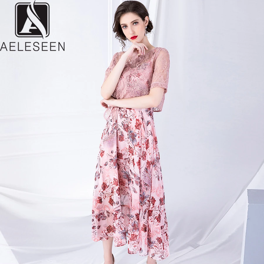 

AELESEEN 2019 Summer Vintage Sets Women Luxury Lace Single Breasted Top + Elegant Floral Print Runway Spaghetti Strap Midi Dress