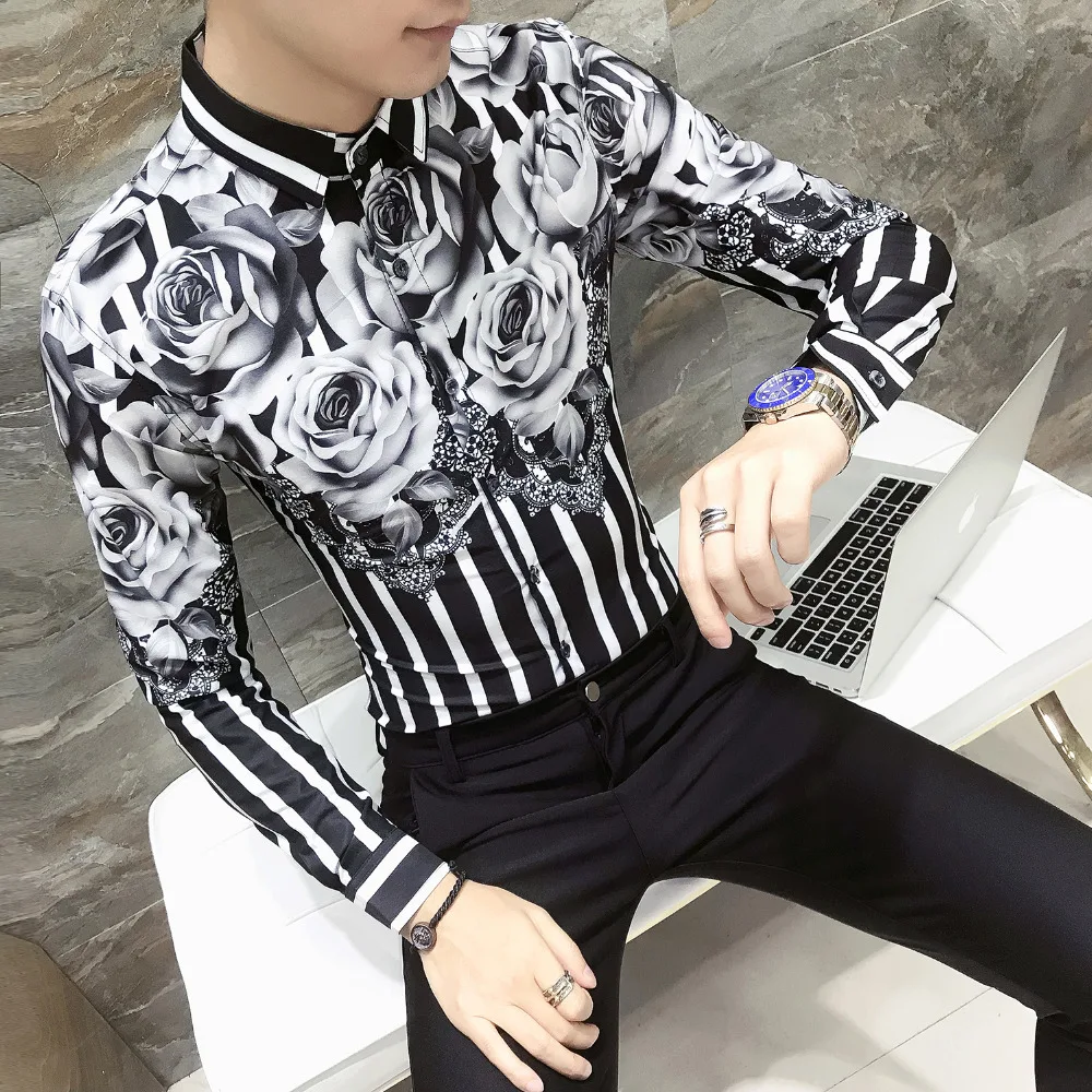 2019 Spring Floral Shirt Men Brand New Men Shirt Long Sleeve Simple Gentlemen Streetwear Mens Shirts Casual Slim Fit Prom Tuxedo