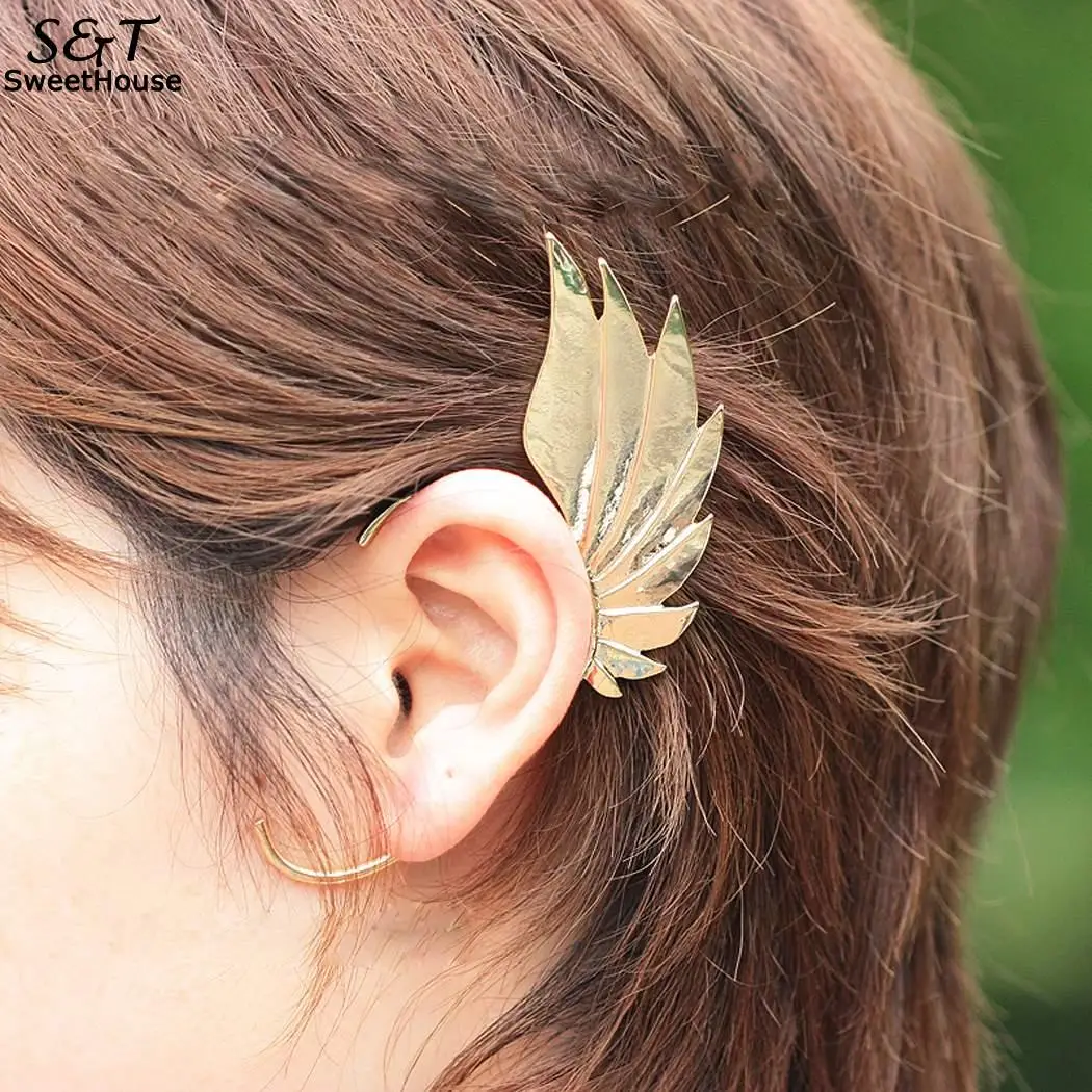

FANALA Hot Fashion Single Girl Ear Cuff Earrings 1PC Angel Wings Feather Golden Ear Clips For Women Left Ear Punk Jewelry Gift
