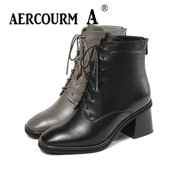 

Aercourm A 2019 Women Ankle Genuine Leather Boots Winter Lady Lace Square Heels Boots Short Plush Boots Solid Color Boots 34-43